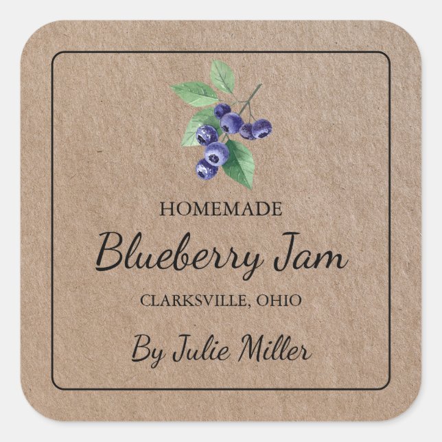 Hausgemachte Blueberry Jam Square Kraft Papier Lab Quadratischer Aufkleber (Vorderseite)