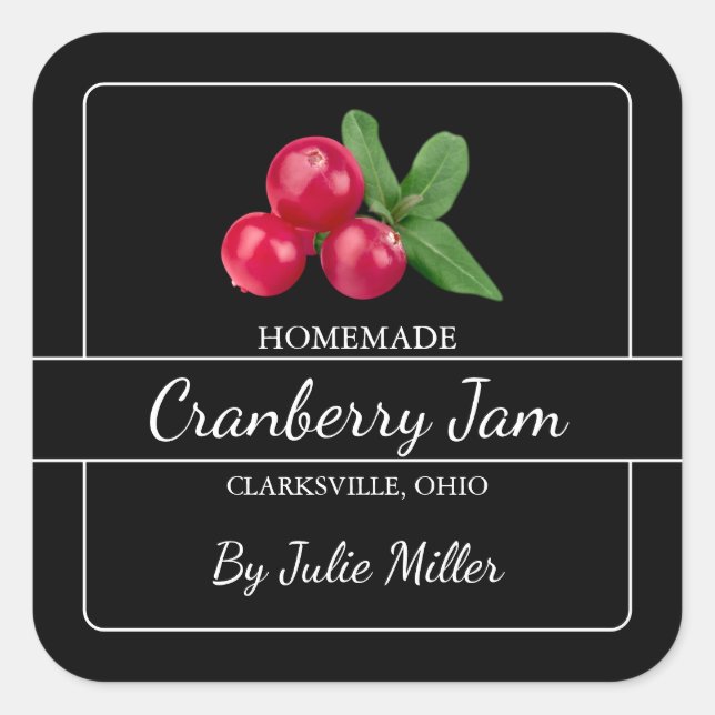 Hausgemachte Cranberry Jam Square Label Black Quadratischer Aufkleber (Vorderseite)