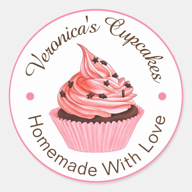 hausgemachte Cupcakes mit hellrosa Liebe Runder Aufkleber (Vorderseite)
