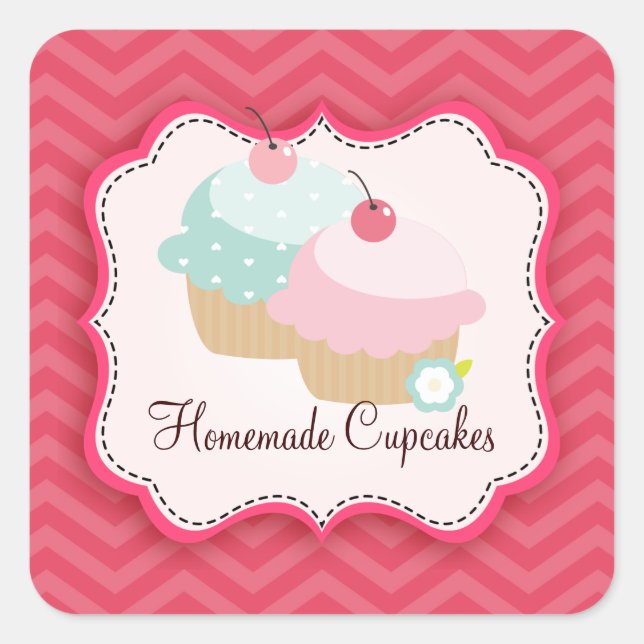Hausgemachte Cupcakes Personalisierte Labels Quadratischer Aufkleber (Vorderseite)