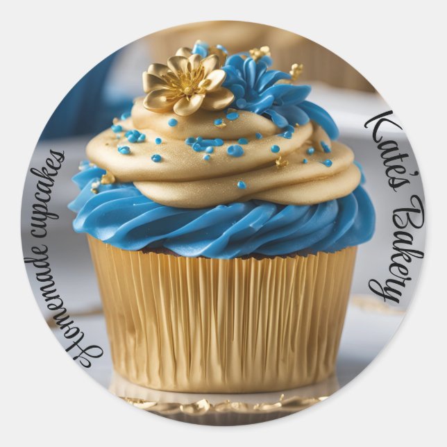 Hausgemachte Cupcakes White Blue Round Aufkleber (Vorderseite)