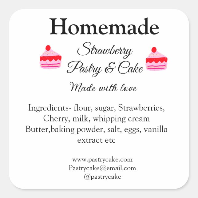 hausgemachte Erdbeerkuchen aus Liebe tex Quadratischer Aufkleber (Vorderseite)