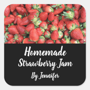 Hausgemachte Marmelade Foto von Red Juicy Strawber Quadratischer Aufkleber