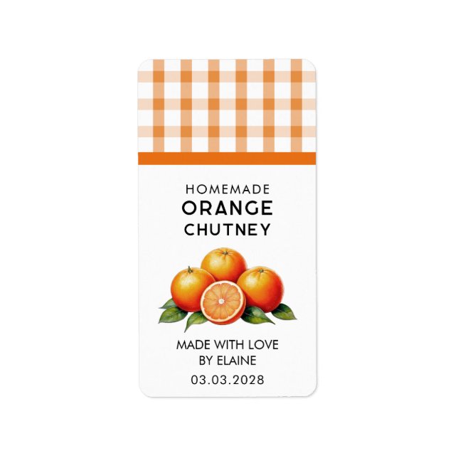 Hausgemachte orangefarbene Chutney mit karierten M Adressaufkleber (Vorne)
