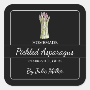 Hausgemachte Pickled Asparagus Square Label Black Quadratischer Aufkleber