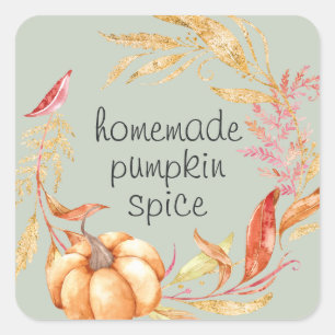 Hausgemachte Pumpkin Gewürz Wasserfarbe Blattgrün Quadratischer Aufkleber