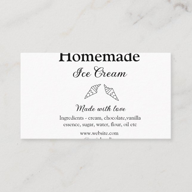 Hausgemachtes Eis und Zutaten aus Liebe Visitenkarte (Vorderseite)