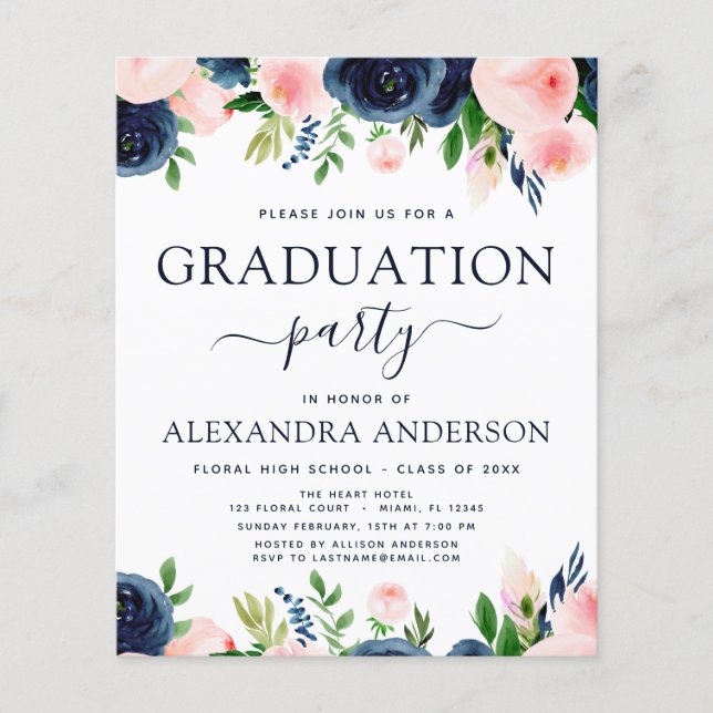 Haushalt 2022 Abschluss Navy Blue Blush Pink Flora Flyer (Vorne)