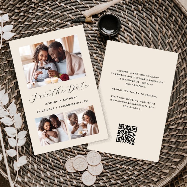 Haushalt 3-Foto QR-Kodex Beige Save the Date (Von Creator hochgeladen)