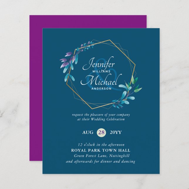 HAUSHALT Aquamarine Lila Goldkranz-Hochzeitseinlad (Vorne/Hinten)