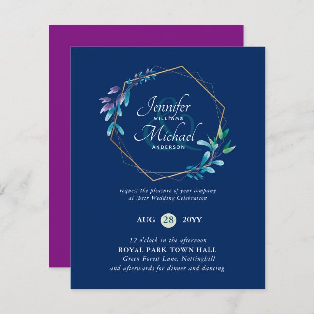 HAUSHALT Aquamarine Lila Goldkranz-Hochzeitseinlad (Vorne/Hinten)