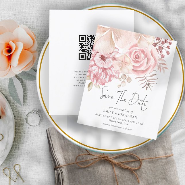 Haushalt Dusty Pink Florals QR-Code Save the Date (Von Creator hochgeladen)