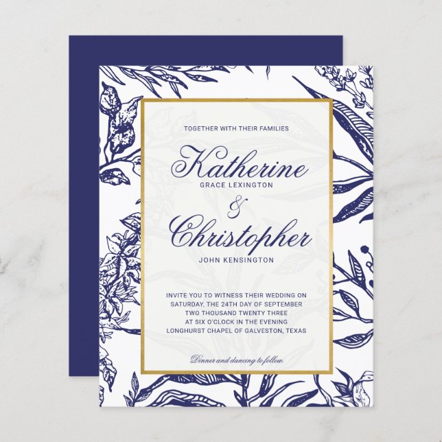 HAUSHALT Elegant Navy Blue Gold Botanische Hochzei (Vorne/Hinten)