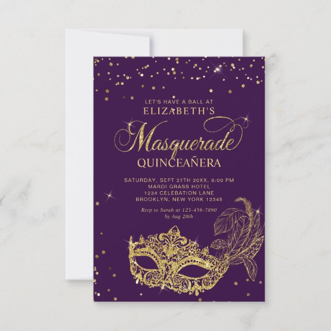 HAUSHALT Elegantes Lila Goldmedaille Quinceañera Mitteilungskarte (Vorderseite)