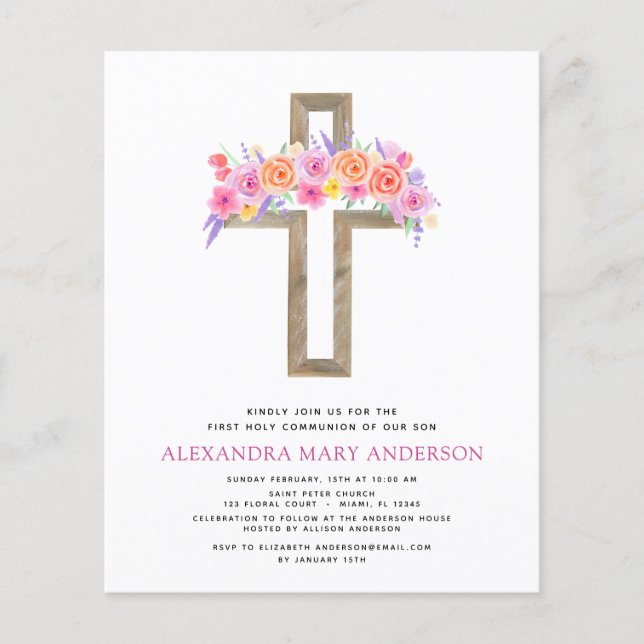 Haushalt Erste Heilige Kommunion Pastel Floral Pin Flyer (Vorne)