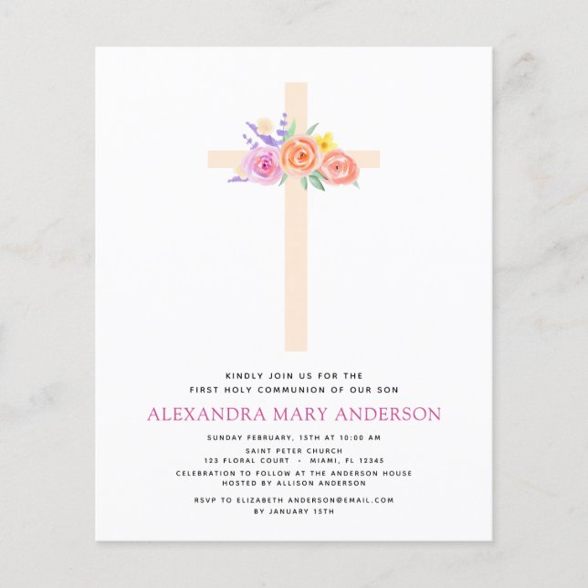 Haushalt Erste Heilige Kommunion Pastel Floral Pin Flyer (Vorne)