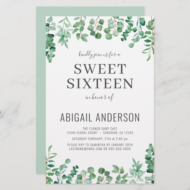 Haushalt Eukalyptus 16 . Geburtstag Party Einladun (Vorne/Hinten)