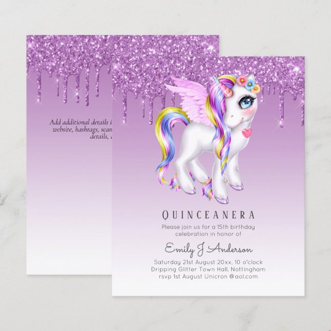 HAUSHALT Glitzer Quinceanera Unicorn Anicorn Flüge (Vorne/Hinten)