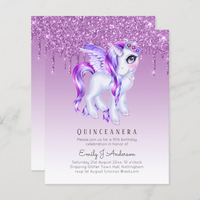 HAUSHALT Glitzer Quinceanera Unicorn Anicorn Flüge (Vorne/Hinten)