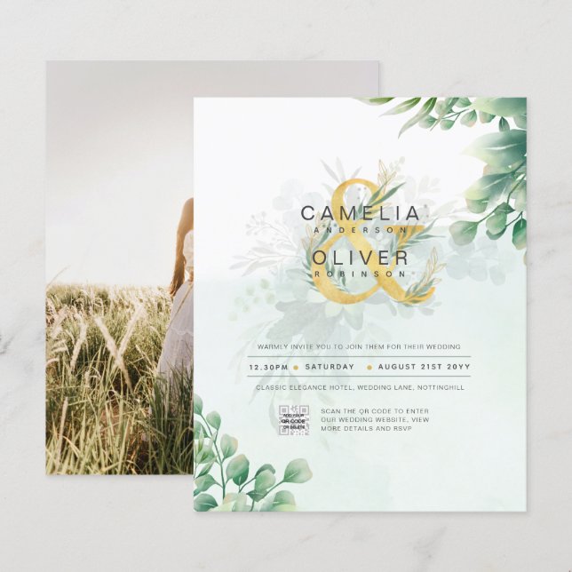 HAUSHALT Grüne FOTO Hochzeit Einladung QR CODE (Vorne/Hinten)