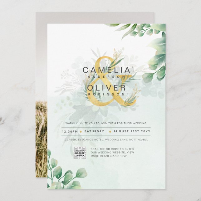 HAUSHALT Grüne FOTO Hochzeit Einladung QR CODE (Vorne/Hinten)