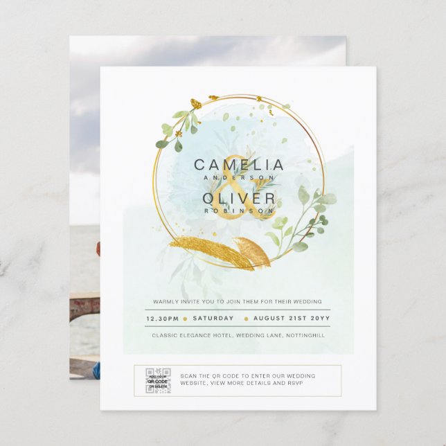 HAUSHALT Grüne FOTO Hochzeit Einladung QR CODE F (Vorne/Hinten)