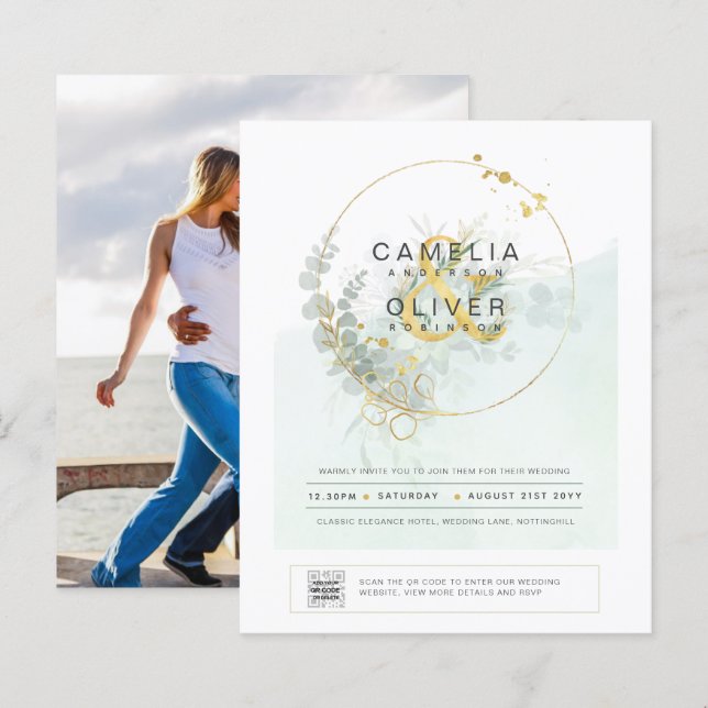 HAUSHALT Grüne FOTO Hochzeit Einladung QR CODE F (Vorne/Hinten)