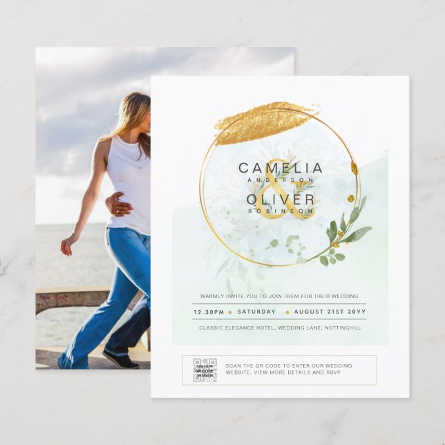 HAUSHALT Grüne FOTO Hochzeit Einladung QR CODE F (Vorne/Hinten)