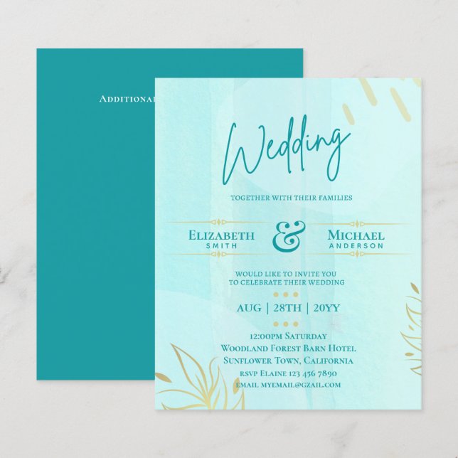 HAUSHALT Hochzeit Einladen Aquamarinen Gold Abstra (Vorne/Hinten)