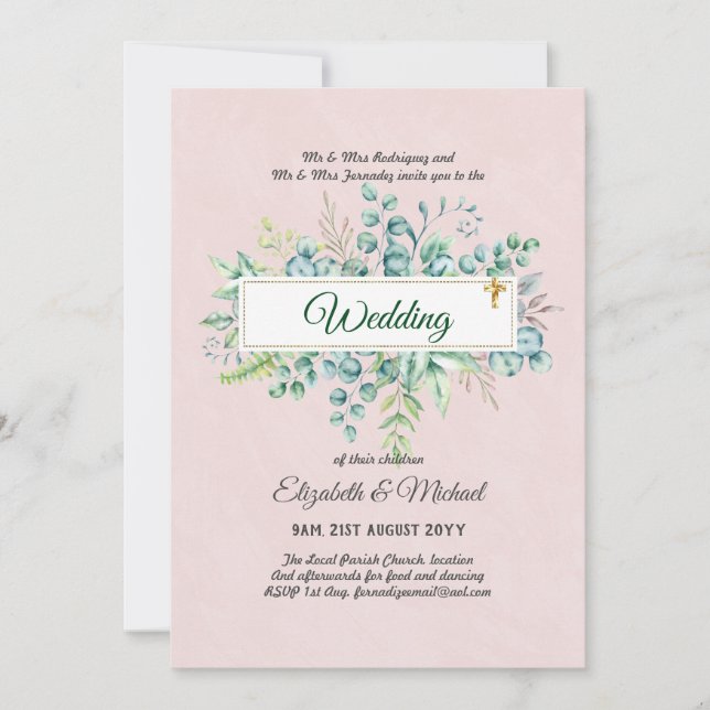 Haushalt KATHOLIC Christlich WEDDING Greenery bitt Einladung (Vorderseite)