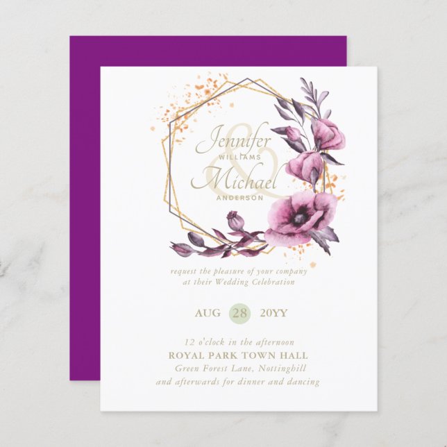 HAUSHALT Lila Goldflorale Hochzeitseinladungen (Vorne/Hinten)