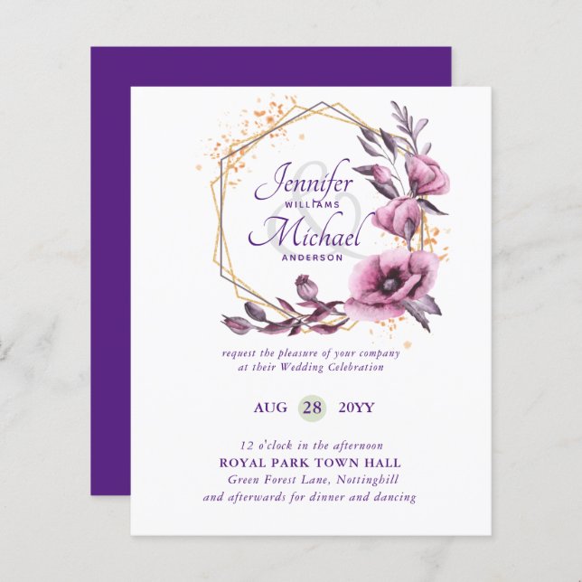 HAUSHALT Lila Goldflorale Hochzeitseinladungen (Vorne/Hinten)