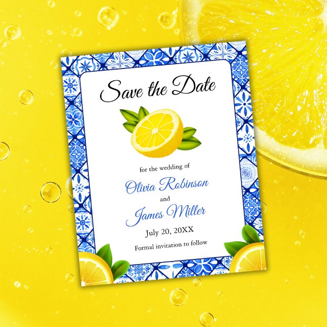 Haushalt Mittelmeerlemon Hochzeit retten Datum (Budget Mediterranean Italian Blue Tile Lemon Wedding Save The Date )