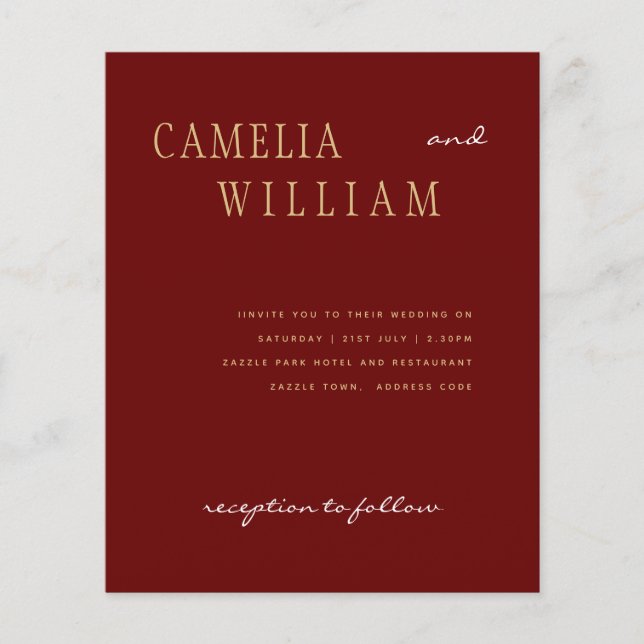 HAUSHALT Modernes Hochzeitburgund Gold INVITE Flyer (Vorne)