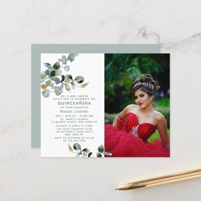 Haushalt Quinceañera Eukalyptus Floral Foto (Vorderseite/Rückseite Beispiel)