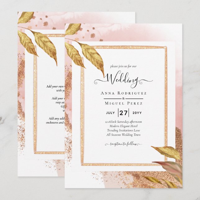 HAUSHALT Rose Gold Blätter Hochzeitsstipendium QR- Einladung (Vorne/Hinten)