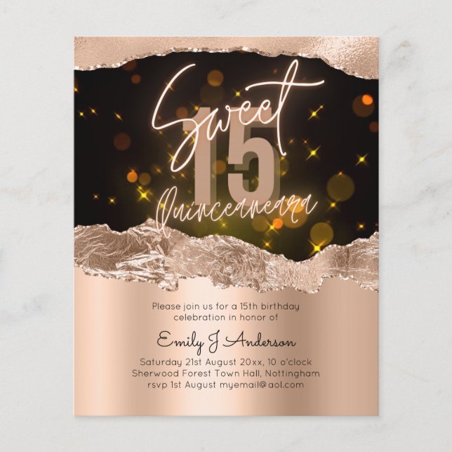 HAUSHALT Rose Gold Foil Glitzer Quinceanera 15. Flyer (Vorne)