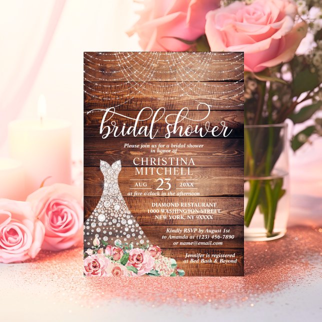 HAUSHALT Rustikales rosa blütenweißes Brautparty Einladung (BUDGET Rustic Pink Floral White Gown Bridal Shower Invitation)