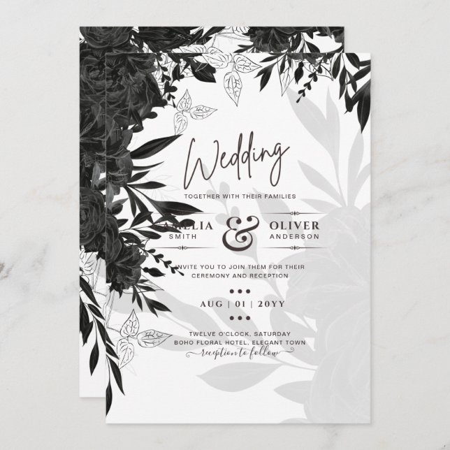 HAUSHALT Schwarze Rose Elegante White Wedding Einl Einladung (Vorne/Hinten)