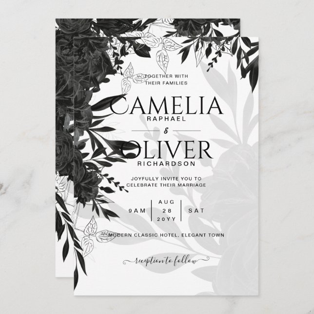 HAUSHALT Schwarze Rose Elegante White Wedding Einl Einladung (Vorne/Hinten)