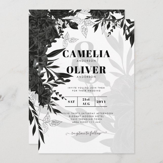 HAUSHALT Schwarze Rose Elegante White Wedding Einl Einladung (Vorne/Hinten)