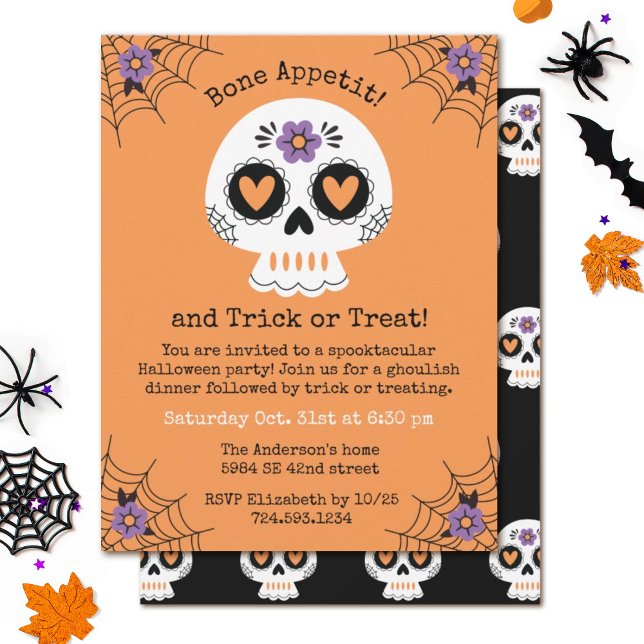 Haushalts-Halloween-Zucker-Schädel-Party Einladung (A cute Halloween party invitation decorated with a sugar skull.)