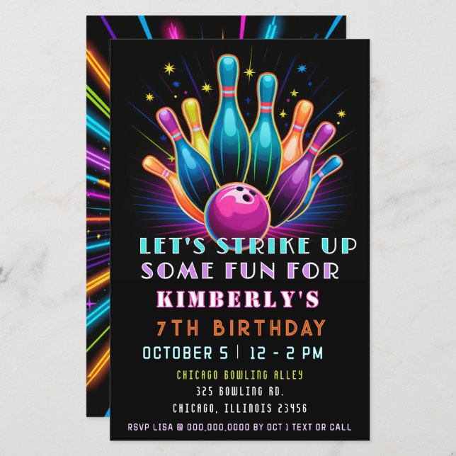 Haushaltsaufschlag Neon Glow Bowling Geburtstag (Vorne/Hinten)