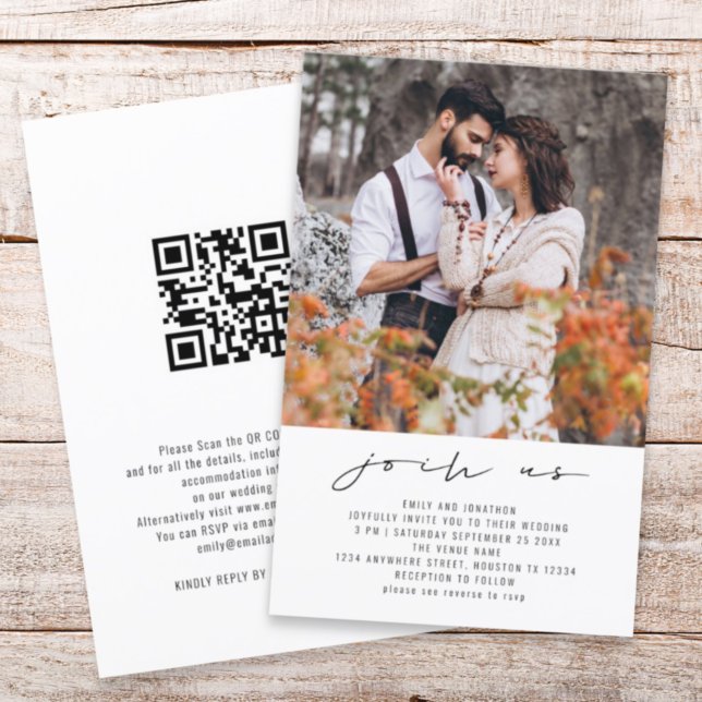 Haushaltsbeitritt zu US Foto QR Code Hochzeit Einl (Front and back view. Larger size budget price invitation)