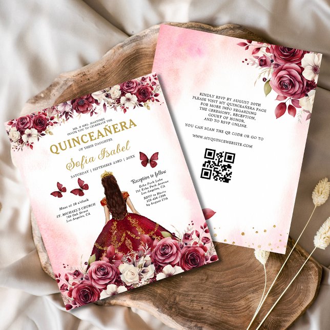 Haushaltsfloral Burgund QR Code Quinceanera (Von Creator hochgeladen)