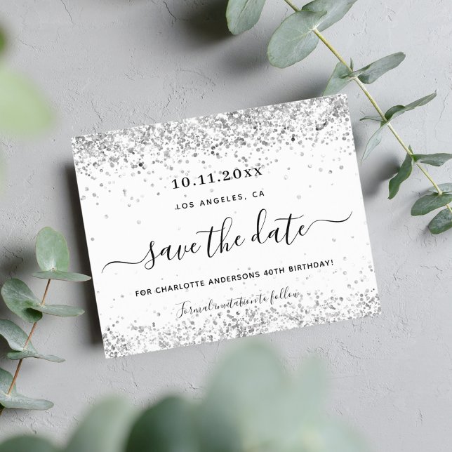 Haushaltsgeburt Weißsilber-Glitzer Save the Date (Von Creator hochgeladen)