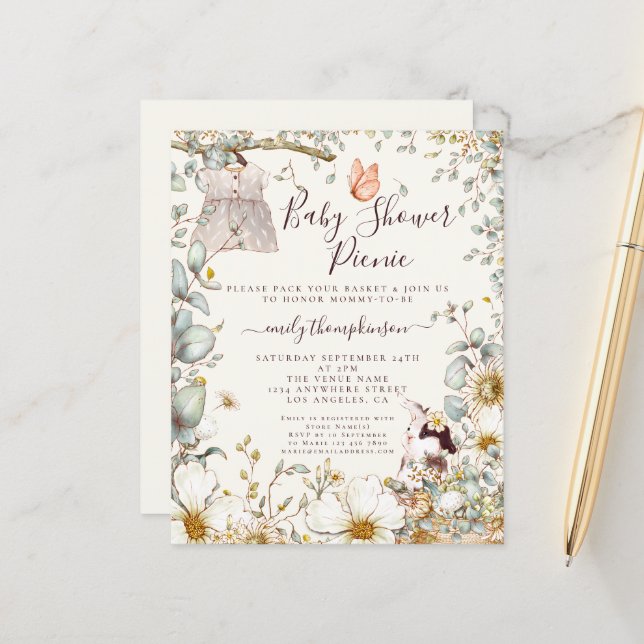 Haushaltskleid Girl Baby Dusche Picnic Einladung (Vorderseite/Rückseite Beispiel)