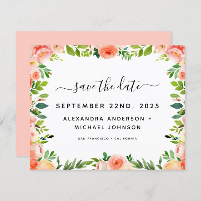 Haushaltskorallen Peach Floral Save the Date Einla (Vorne/Hinten)