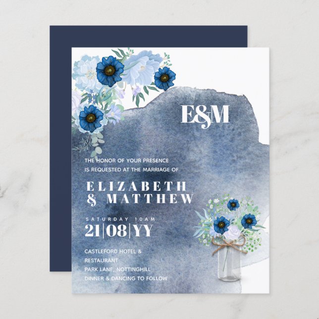 HAUSHALTSMITTEL Einladungen zu Blauen Blumenhochze (Vorne/Hinten)