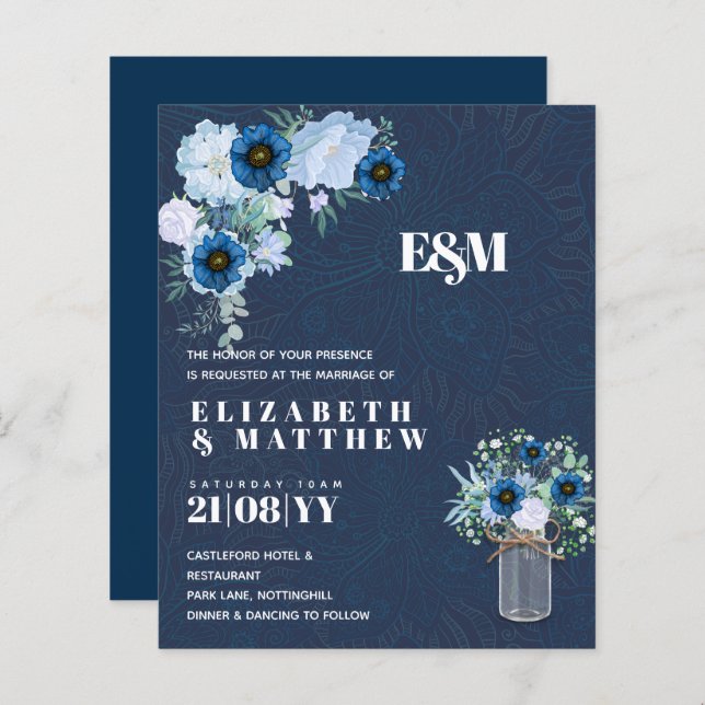 HAUSHALTSMITTEL Einladungen zu Blauen Blumenhochze (Vorne/Hinten)